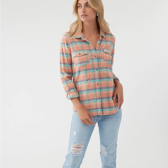 NWT O’Neill NASH FLANNEL TOP shirt peach plaid print soft cotton button up - Picture 6 of 11